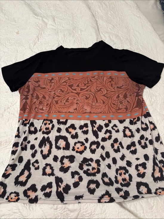 Tops - Black Top with Rust Paisley Band and Leopard Print